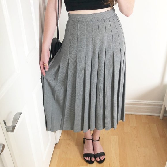 Vintage Dresses & Skirts - Vintage Midi Skirt Pleated Houndstooth Tweed Knit High Waisted Long Peppy School